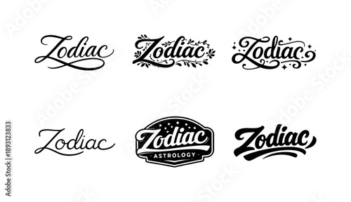 Astrology Lettering Designs. Astrology sign lettering. Set lettering. harmonious lettering variations of the same emblematic concept, each with different