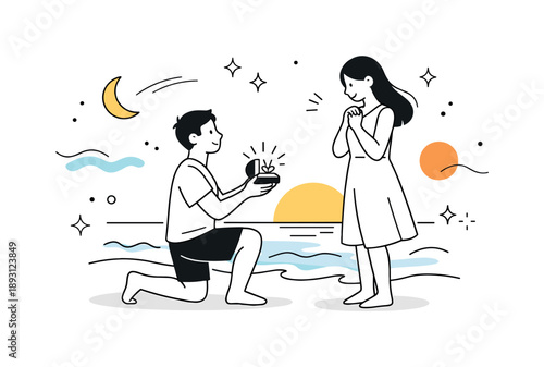 Sunset Beach Proposal. Beach proposal. A couple at the shore during sunset, one presenting a ring while gentle waves and abstract shapes float around. Calm