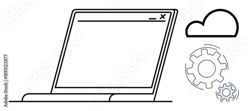 Cloud computing, system integration, software development, data management, technology services, digital solutions. A laptop with a cloud and gear icons. Cloud computing and system integration