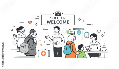 Shelter Volunteer Support. Volunteering at shelter support. Volunteers welcoming people at a shelter, offering help and guidance with calm gestures. Care,