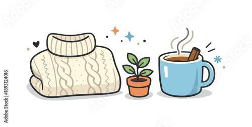 Winter Comfort Vibes. Winter hygge mood. Simple objects like a knitted sweater, mug, and small plant arranged neatly together. The illustration focuses on