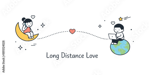Distant Connection. Long-distance love poster. Two small figures or symbols connected by a thin line or dotted path. Feeling of connection across space,