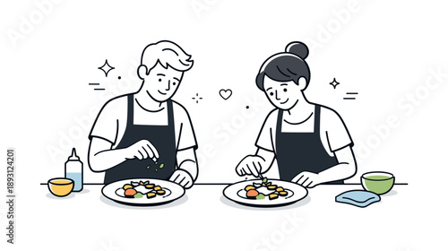 Collaborative Plating Scene. Plating dishes together. People standing side by side adding final touches to plates, gentle collaboration and quiet satisfaction