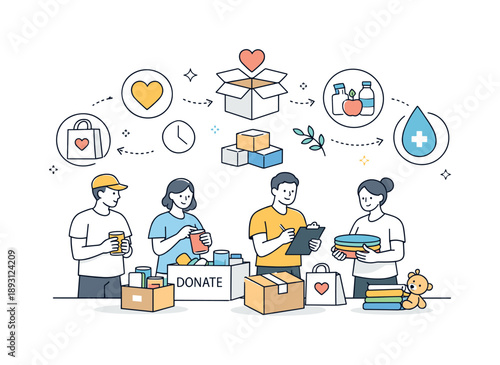 Community Support Drive. Local charity work. People organizing food or supply drives, abstract floating boxes and donation icons above. Calm social