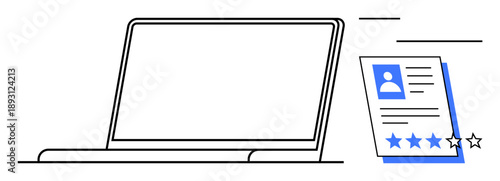 Laptop with professional profile card featuring photo, details, and star rating. Ideal for recruitment, digital hiring, HR management, job search, career growth, online applications simple flat