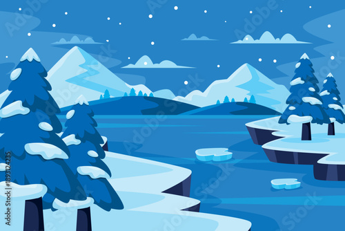 Winter Lake Landscape Illustration with Snowy Mountains, Pine Trees and Ice Floes
Frozen Winter River Scene with Snow Covered Forest and Mountain Background
 Cold Winter Nature Illustration