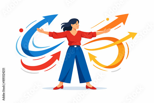 artwork of a woman controlling colorful directional arrows with open arms on a white background