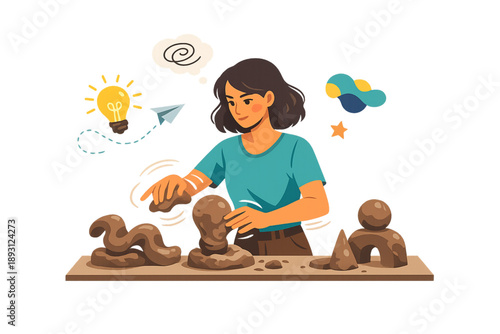artwork of a woman shaping creative ideas like clay at a table