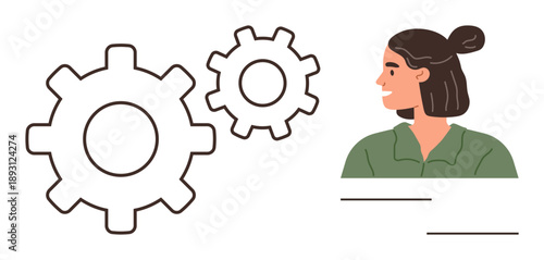 Problem solving, teamwork, workflow management, process optimization, business strategies, collaboration. Minimalistic design with woman facing two gears. Problem-solving and teamwork concept