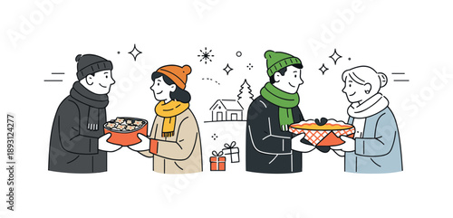 Festive Neighborly Exchange. Neighbors sharing holiday food winter scene. Neighbors in coats and scarves exchanging food outdoors. Cozy seasonal mood and