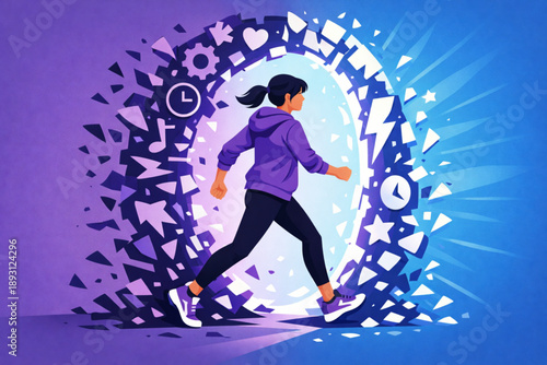  Graphic illustration of a woman crossing a portal formed by broken symbols, showing transition and empowerment