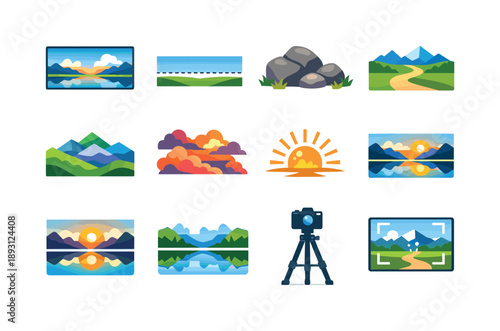 Colorful Landscape Icons. Landscape Shot. Colorful flat vector icons set of Landscape Shot: wide landscape frame, horizon rule, foreground rocks, leading path,