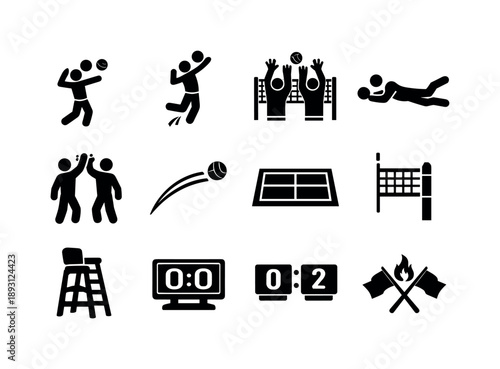Beach Volleyball Icons. Beach volleyball match. Solid icon set of Beach volleyball match: serve action, spike hit, block jump, dive save, team high five, ball