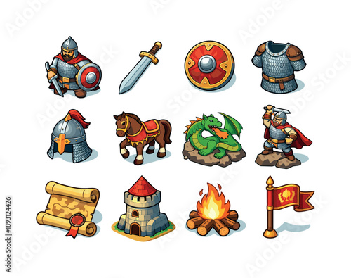 Dobrynya Icon Set. Dobrynya. Colorful isometric vector icons set of Dobrynya: heroic warrior, medieval sword, round shield, chainmail armor, Russian helmet,