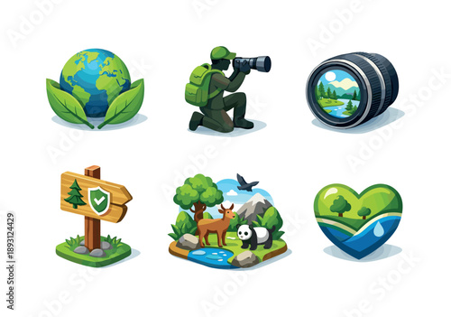 Planet Care Icons. Planet Care Photography. Isometric flat vector icons set of Planet Care Photography: globe with leaves, wildlife photographer silhouette,
