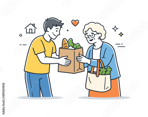 Helping Hands. Community kindness moment. A person helping a neighbor carry items or solve a simple problem. Warm everyday interaction and local support shown