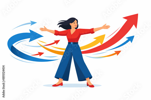 artwork of a woman controlling colorful directional arrows with open arms on a white background