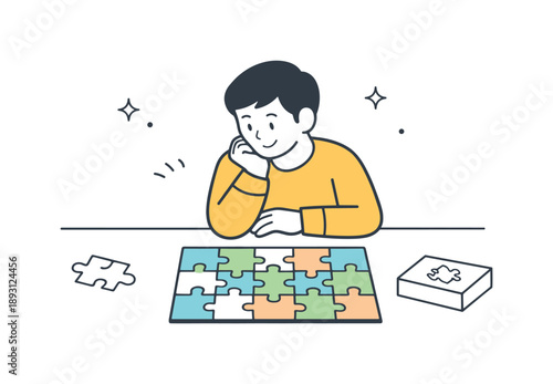 Puzzle Completion Satisfaction. Completed puzzle moment. A person looking at a finished puzzle with a small sense of achievement. Quiet pride and closure