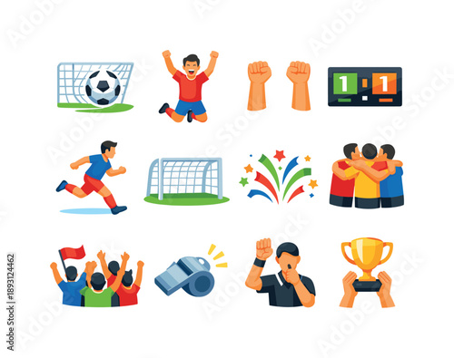 Soccer Victory Icons. Winning goal. Colorful flat vector icons set of Winning goal: soccer ball in net, celebrating player, raised arms, scoreboard with final