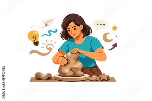 artwork of a woman shaping creative ideas like clay at a table