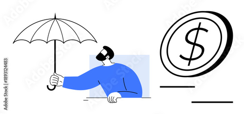 Financial stability, personal savings, insurance protection, risk management, monetary safety, wealth security. A person holds an umbrella next to a large dollar symbol. Financial stability