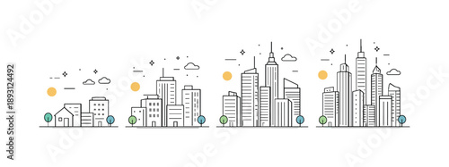 Vertical City Evolution. Vertical city growth. High-rise buildings increasing density, modern skyline evolving upward. Clean composition with simple blocks,