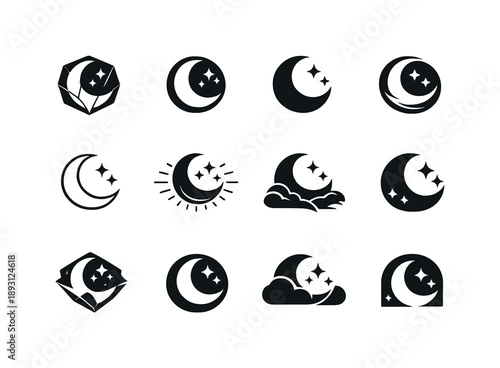 Cosmic Logo Variations. Cosmic view. Icon set. Set Logo of cosmic view: crescent moon and stars. harmonious logo variations of the same emblematic concept,