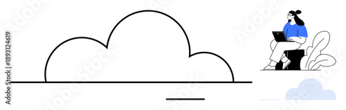 Cloud computing concept. A large cloud icon with a woman working on a laptop s modern cloud computing. Cloud storage, remote work, connectivity, and efficient data management. Ideal for technology
