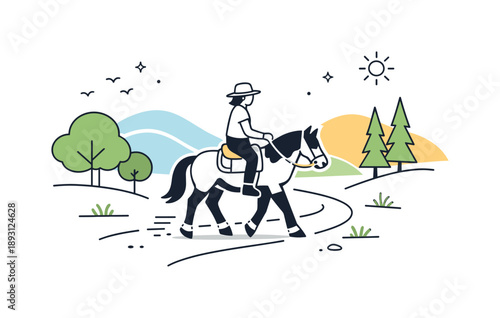 Horseback Trail Adventure. Trail horseback riding. A rider moving slowly along a simple outdoor path with abstract hills and trees. The scene suggests freedom,