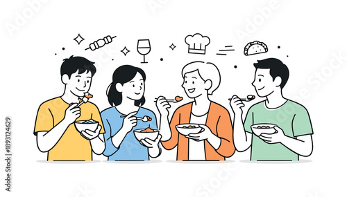Culinary Tasting Delight. Food festivals and culinary events. A small group tasting different dishes together, holding forks and bowls with calm curiosity. The