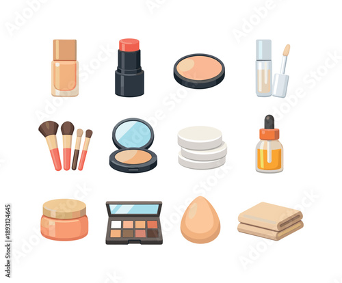 Minimal Makeup Icons. Minimal makeup. Colorful flat vector icons set of minimal makeup: sheer foundation bottle, cream blush stick, neutral eyeshadow pan,