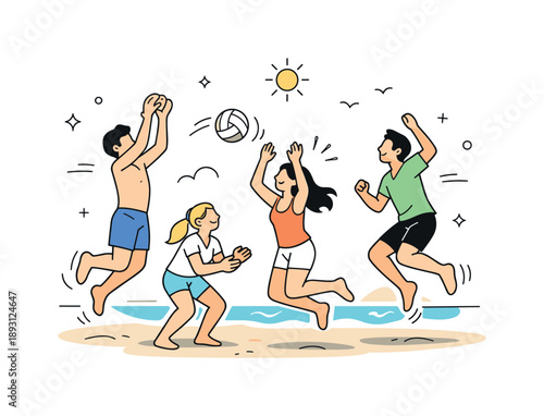 Beach Volleyball Fun. People playing volleyball on the beach. A small group jumping and passing the ball, active movement and joyful energy in a sunny outdoor