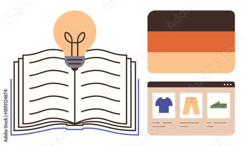 Education, e-learning, innovation, online shopping, cultural identity, and business development. Open book with a light bulb, German flag and e-commerce interface. Education and e-learning concepts