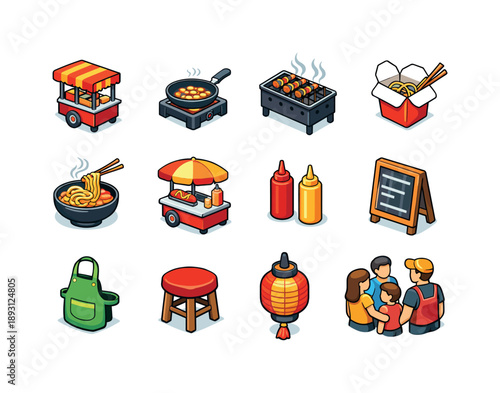 Street Food Icons. Street food market. Colorful isometric vector icons set of Street food market: food cart, cooking pan, skewers grill, takeaway box, steaming
