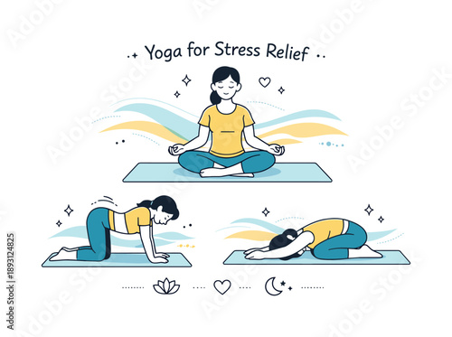 Calm Yoga Flow. Yoga for stress relief. A person flows through gentle stretches on a yoga mat, focusing on slow breathing. Relaxation, release, and emotional