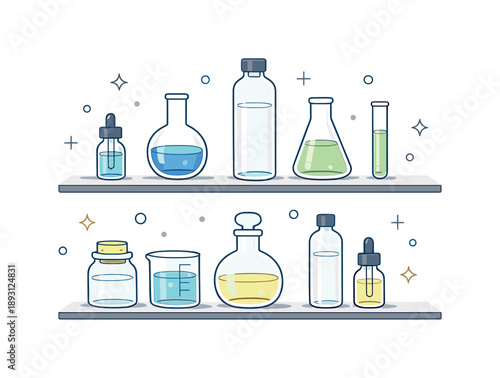 Minimalist Glass Containers. Clear glass containers. A shelf detail with glass bottles and flasks holding clear or tinted liquid, expressing clean design,