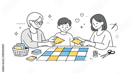 Family Quilt Collaboration. Family quilt crafting. Two generations working together on a quilt, sharing fabric pieces and patterns. Calm collaboration and