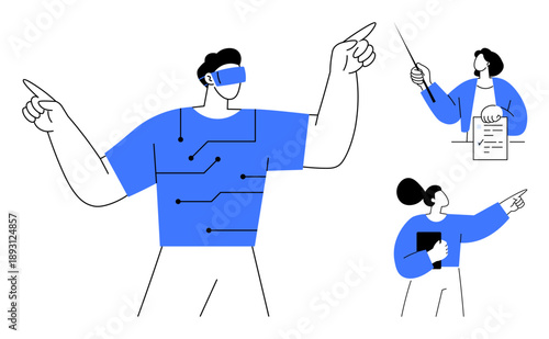 Team members using VR, holding documents, and discussing ideas. Ideal for teamwork, innovation, technology, virtual reality, collaboration, brainstorming education simple flat metaphor
