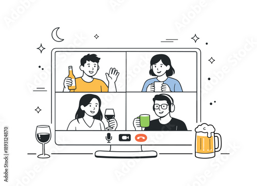 Virtual Friends' Evening Chat. Video call with friends evening talk. Friends relaxing with drinks while chatting online. Cozy mood and calm