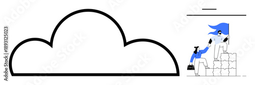 Cloud computing, collaboration, teamwork, leadership, innovation, business solutions. Minimal cloud outline with two figures working together. Cloud computing and collaboration concept