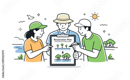 Mangrove Restoration Plan. Mangrove restoration. A small group reviewing a restoration plan on a clipboard near the coast, pointing at simple diagrams of trees
