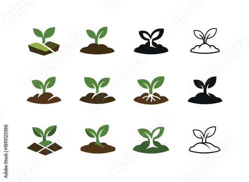 Seedling Logo Variations. Seedling. Icon set. Set Logo of Seedling: soil and sprout. harmonious logo variations of the same emblematic concept, each with