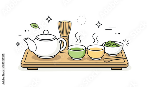 Serene Tea Arrangement. Traditional tea setup. A neatly arranged teapot, cups, and tray placed in a balanced composition. The mood feels respectful, orderly,
