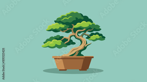 Japanese Bonsai Tree Illustration in Traditional Ceramic Pot, Stylized Juniper Bonsai Vector, Zen Gardening and Nature Harmony Graphic in Moss Green and Terracotta
