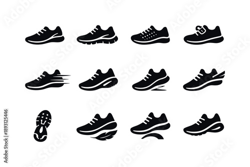 Running Shoe Icons. Running shoes. Solid icon set of Running shoes: streamlined sneaker, performance sole, breathable mesh, lace loop, motion lines, heel