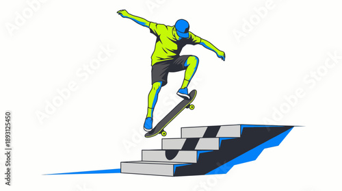 Professional Skateboarder Performing Kickflip Over Stairs Illustration, Dynamic Street Skating Action Vector, Intense Urban Sports Competition Graphic in Lime Green and Royal Blue