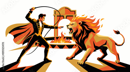 Professional Lion Tamer with Whip Facing Roaring Lion Illustration, Dynamic Circus Performance Action Vector, Intense Animal Show Motion Graphic in Orange and Charcoal