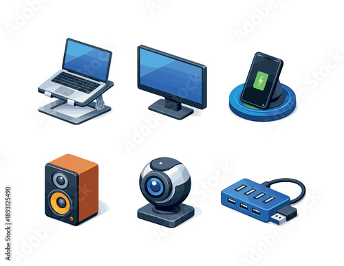 Isometric Office Tech Icons. Office Tech. Isometric flat vector icons set of Office Tech: laptop on stand, external monitor, wireless charger, desk speaker,