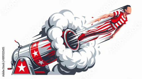 Human Cannonball Stunt Performer Mid-Air Illustration, Professional Circus Act Action Vector, Dynamic Performance Art Graphic in Red, White, and Chrome Silver