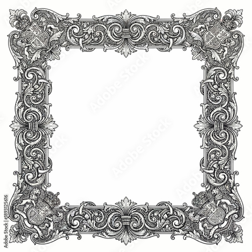 Detailed Gothic Square Frame with Royal Heraldic Crests Illustration, Ornate Victorian Engraved Mirror Border Vector, Vintage Filigree Design for Luxury Branding